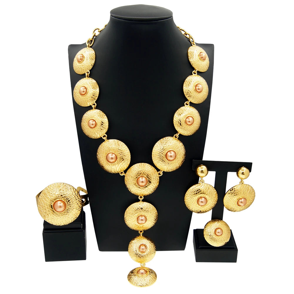 Jewelry Set For Women 24K Plating Necklace Big Round Pendant Luxury Earrings Bracelet Wedding Banquet Bijoux SYHOL