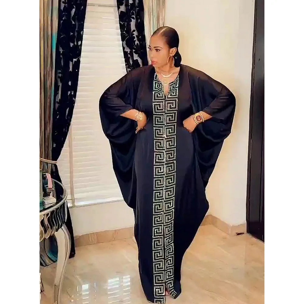 2025 High Quality African Women Plus Size Dress Bat Sleeve V Neck Robes Diamond Dashiki Maxi Dresses Muslim Femme Elegant Abayas