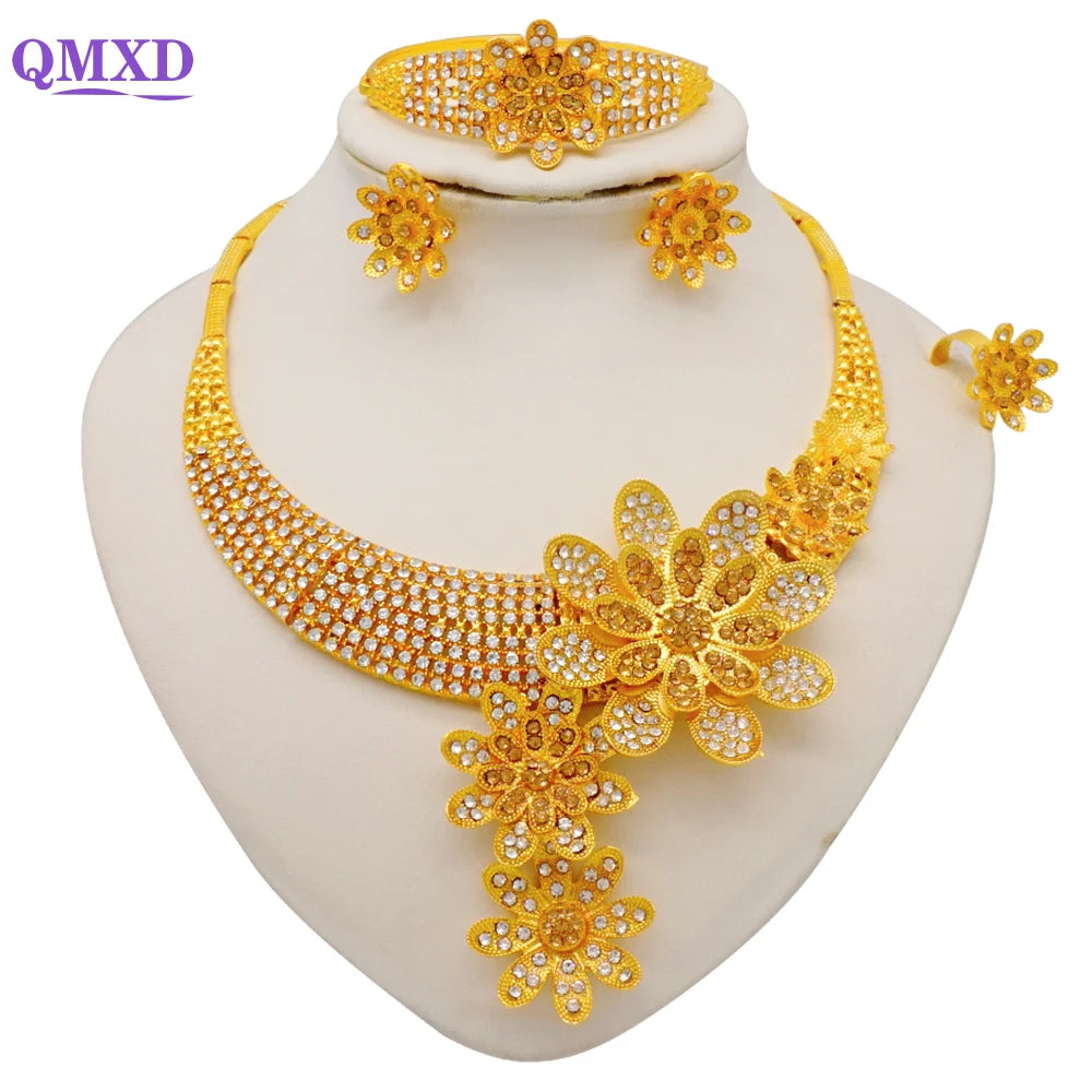 Trendy Nigerian Dubai Gold Color Jewelry Set For Women Tassel Long Chain Bridal Long Necklace Bracelet Earring Ring Wedding Sets