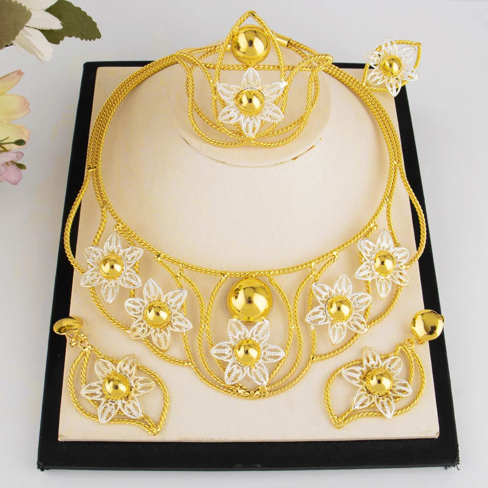 Exaggerated Gold Color Hollow Flower Shape Necklace Earrings Ring Bracelet Set for Women Gold Plated Jewelry Gift for Party
