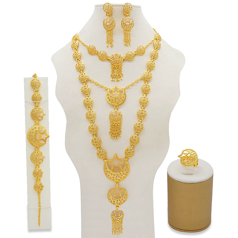 Dubai Gold Color Jewelry Set For Woman Bridal Nigerian African Long Chain Necklace Earrings Bracelet Ring Jewellery Set