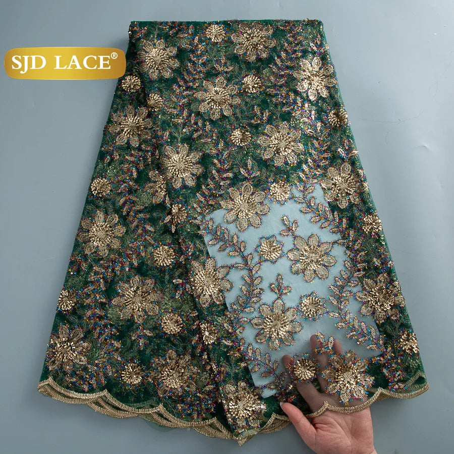 African Green Sequins Mesh Woman Lace Fabric High Quality 2025 Nigerian French Net Lace for Sewing Wedding Dresses 3735