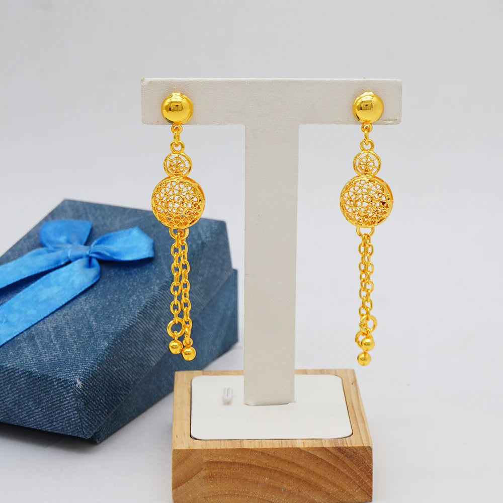 African Ladies Dubai 24k Gold Plated Long Necklace Set Bridal Banquet Wedding Jewelry Set Accessories