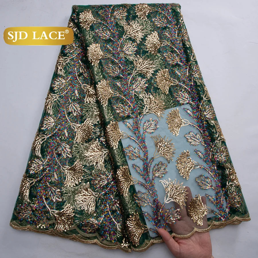 African Green Sequins Mesh Woman Lace Fabric High Quality 2025 Nigerian French Net Lace for Sewing Wedding Dresses 3735