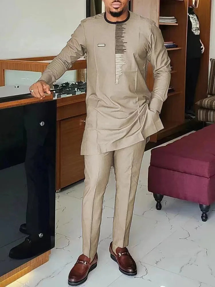 2 Piece African Clothes for Men Spring Fashion African Long Sleeve Top Long Pant Matching Sets Outfits Dashiki African Clothing