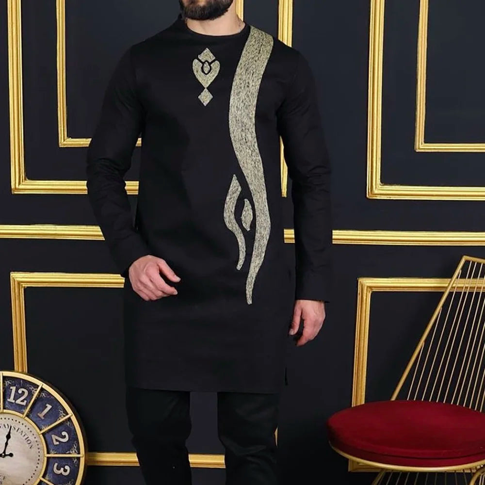 2026 Men's Elegant Long Sleeve Suit Shirt Pants 2-piece Round Neck Stitching Solid Color Party Long Sleeve African Ethnic Style