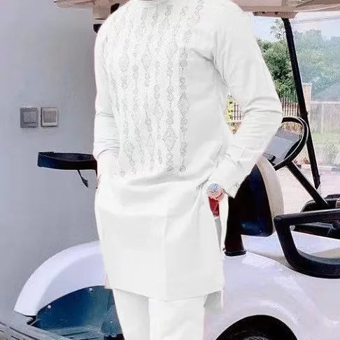 Two Pieces Set Men African Suit Long Sleeve Round Collar Print Shirt Pants Africa Traditional Outfits Slim Suits