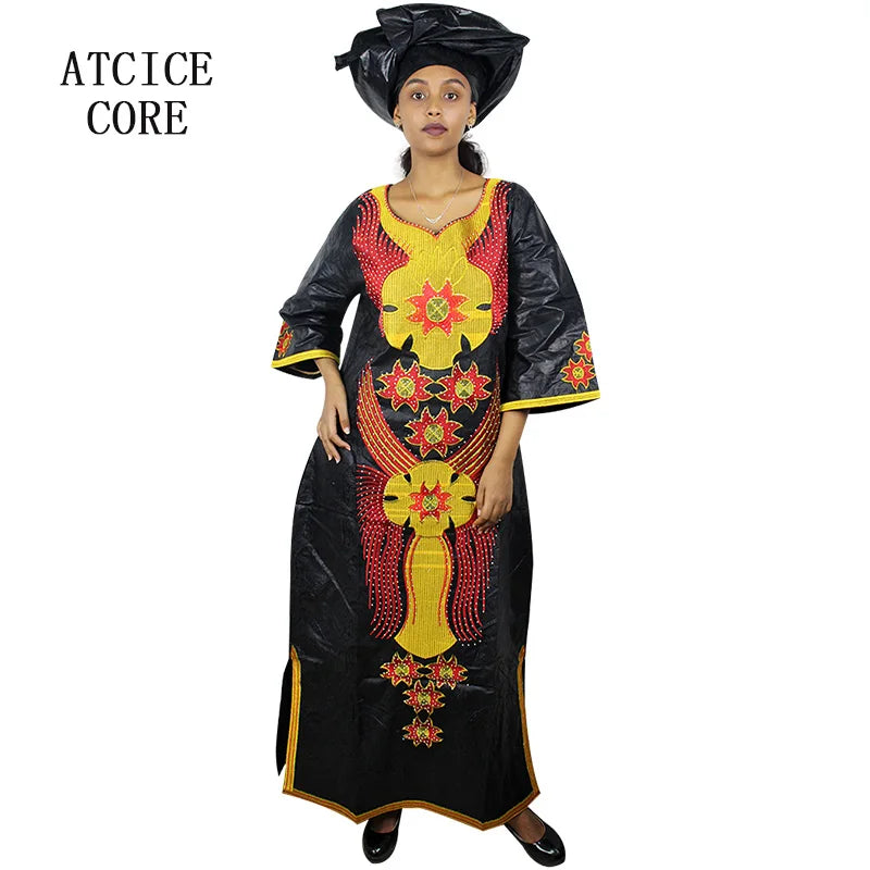 African Dresses For Woman Bazin Riche Embroidery Desing Long Dress With Scarf 2 Piece Set