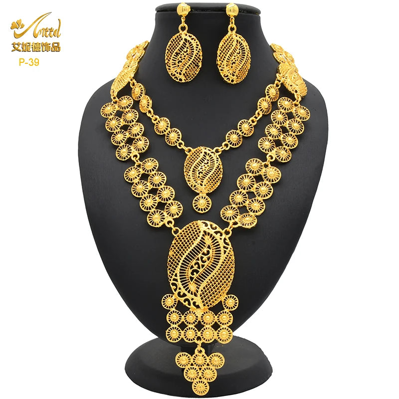 Luxury Dubai 24K Gold Color Two layer Necklace Jewelry Set For Women Bridal Nigerian Indian African Wedding Party Gift
