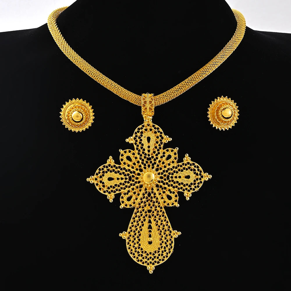 Saudi Arabia 24K Gold Color Ethiopia Women Jewelry Necklace Earring African Arab Bridal Set Habesha Eritrea Party Gift
