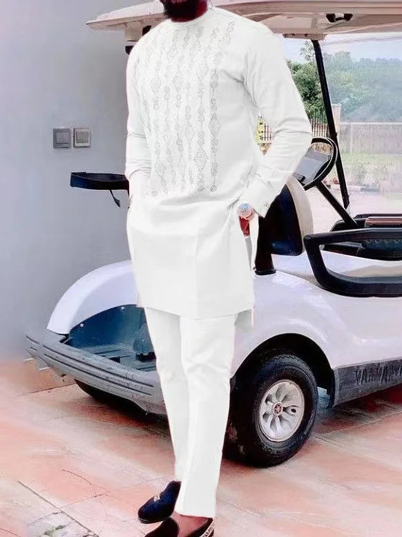 Two Pieces Set Men African Suit Long Sleeve Round Collar Print Shirt Pants Africa Traditional Outfits Slim Suits