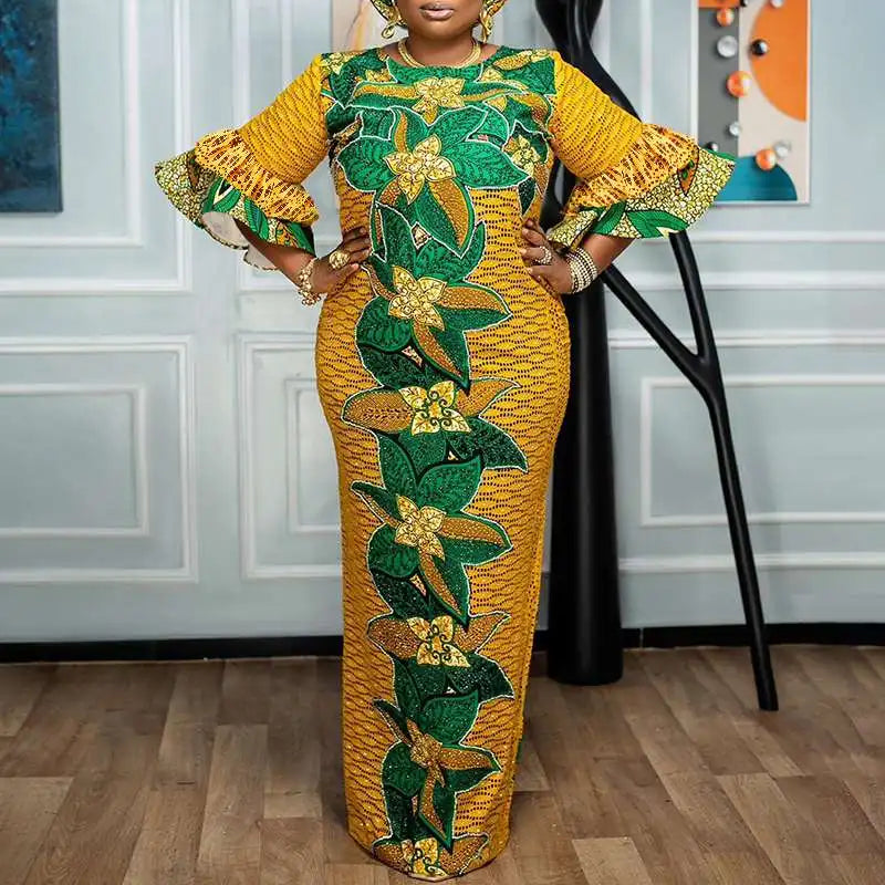 VONDA 2024 Fashion Women Elegant Maxi Dress Vintage Printed 3/4 Flare Sleeve Sundress Party Long Dress Casual Vestido Loose Robe