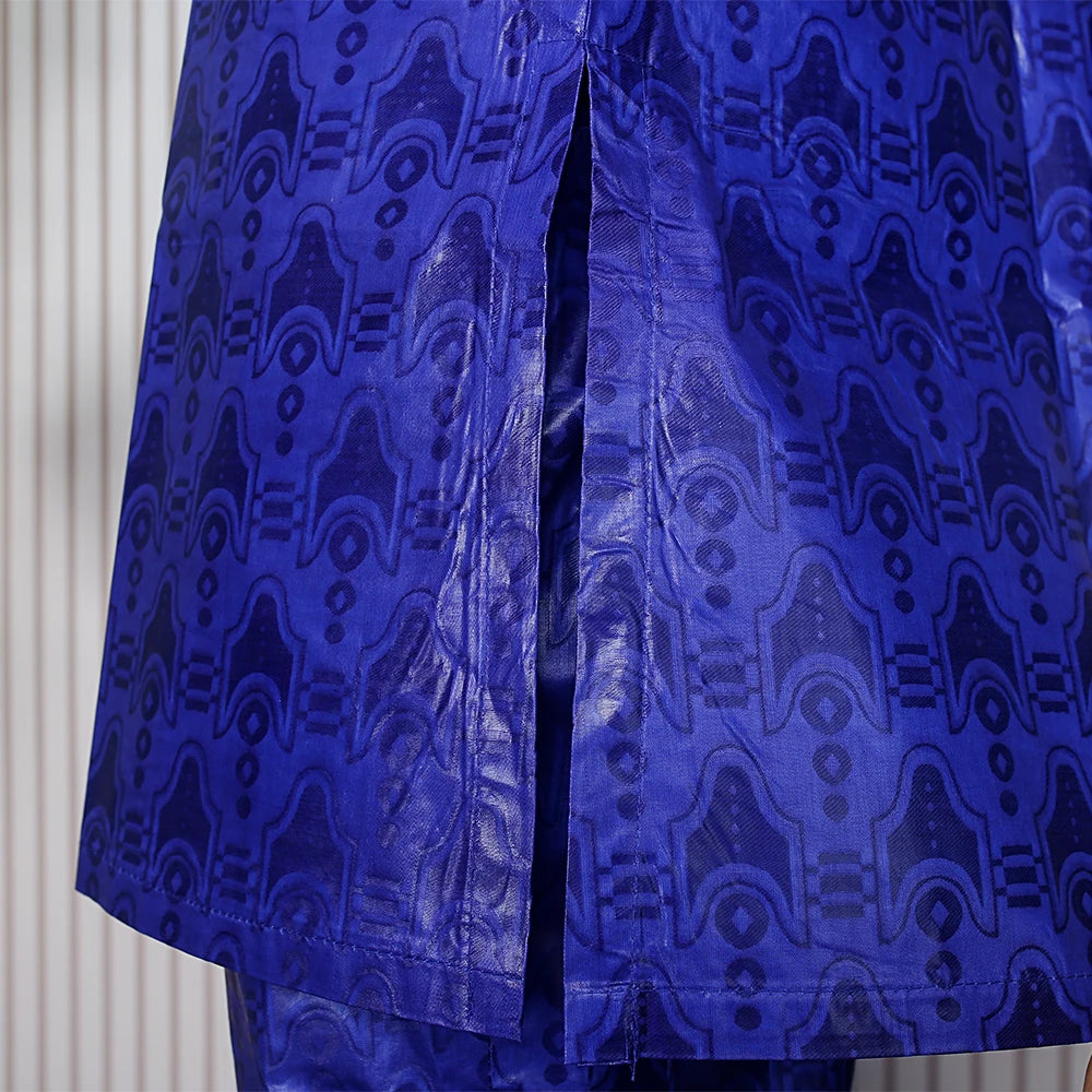 H&D New African Clothes for Men Tradition Clothing Embroidery Blue 2 Pcs Set Top Pant Bazin Muslim Wedding Party Dashiki