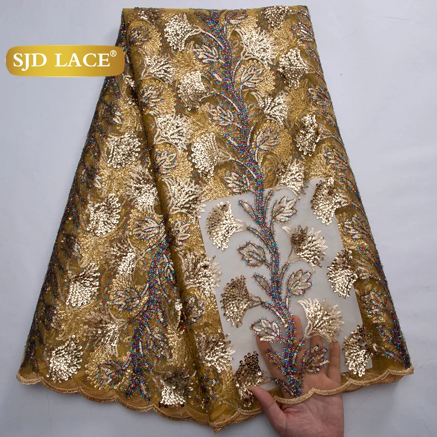 SJD LACE African Green Sequins Mesh Woman Lace Fabric High Quality 2025 Nigerian French Net Lace for Sewing Wedding Dresses 3735