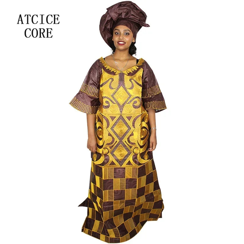 African Dresses For Woman Bazin Riche Computer Emboridery Plus Size Long Dress With Scarf