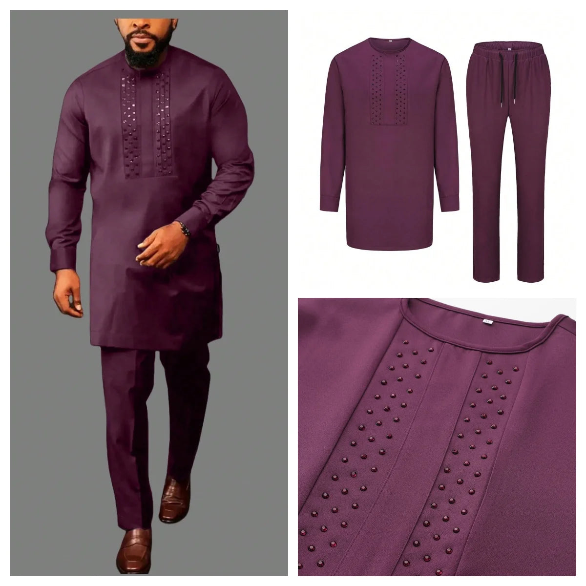 New Men's Tenos Wedding 2-Piece Suit Waist Pants Shirt Solid Color Panel Long Sleeve Party African Ethnic Style Clothing (M-4XL)