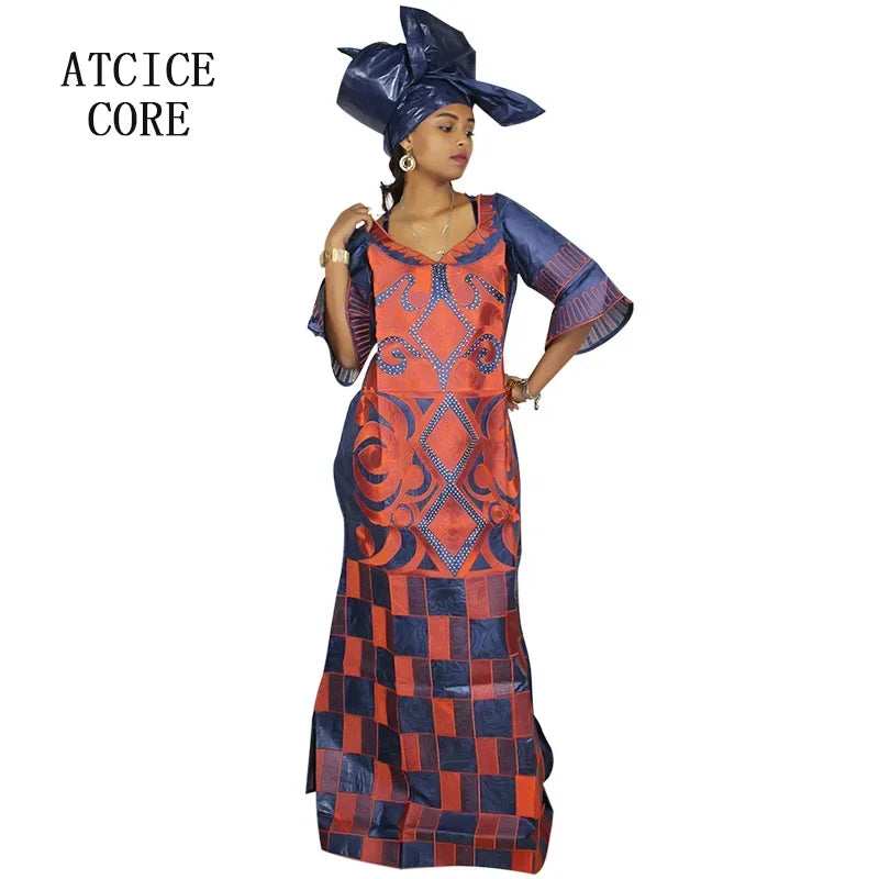 African Dresses For Woman Bazin Riche Computer Emboridery Plus Size Long Dress With Scarf
