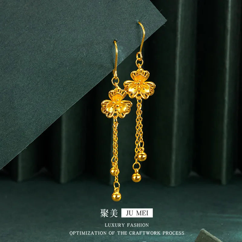 Luxury 24K 9999 Pure Gold real gold Gold Store Same Petal Tassel Lilac Set Chain Bracelet Women's Engagement Ring Bracelet