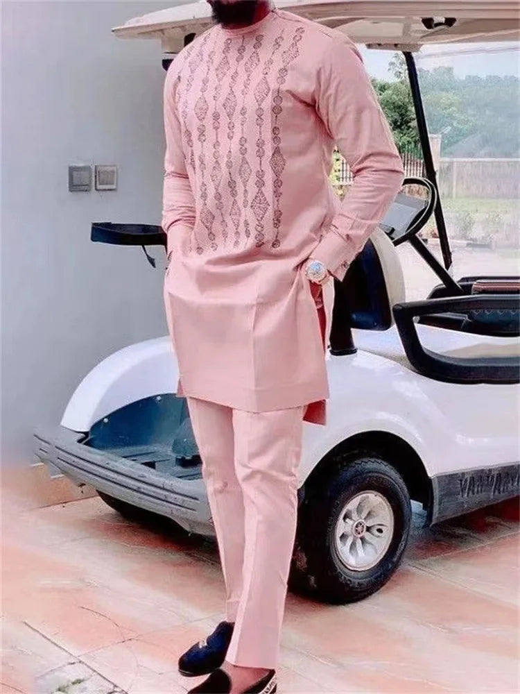Two Pieces Set Men African Suit Long Sleeve Round Collar Print Shirt Pants Africa Traditional Outfits Slim Suits