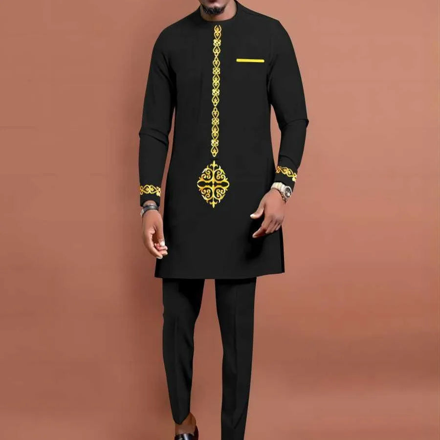 New Two-pieces Men's Dashiki Long Sleeve Top Pant Sets African Traditional Clothes Men's Luxury Kaftan Outfits Elegant Men Suits