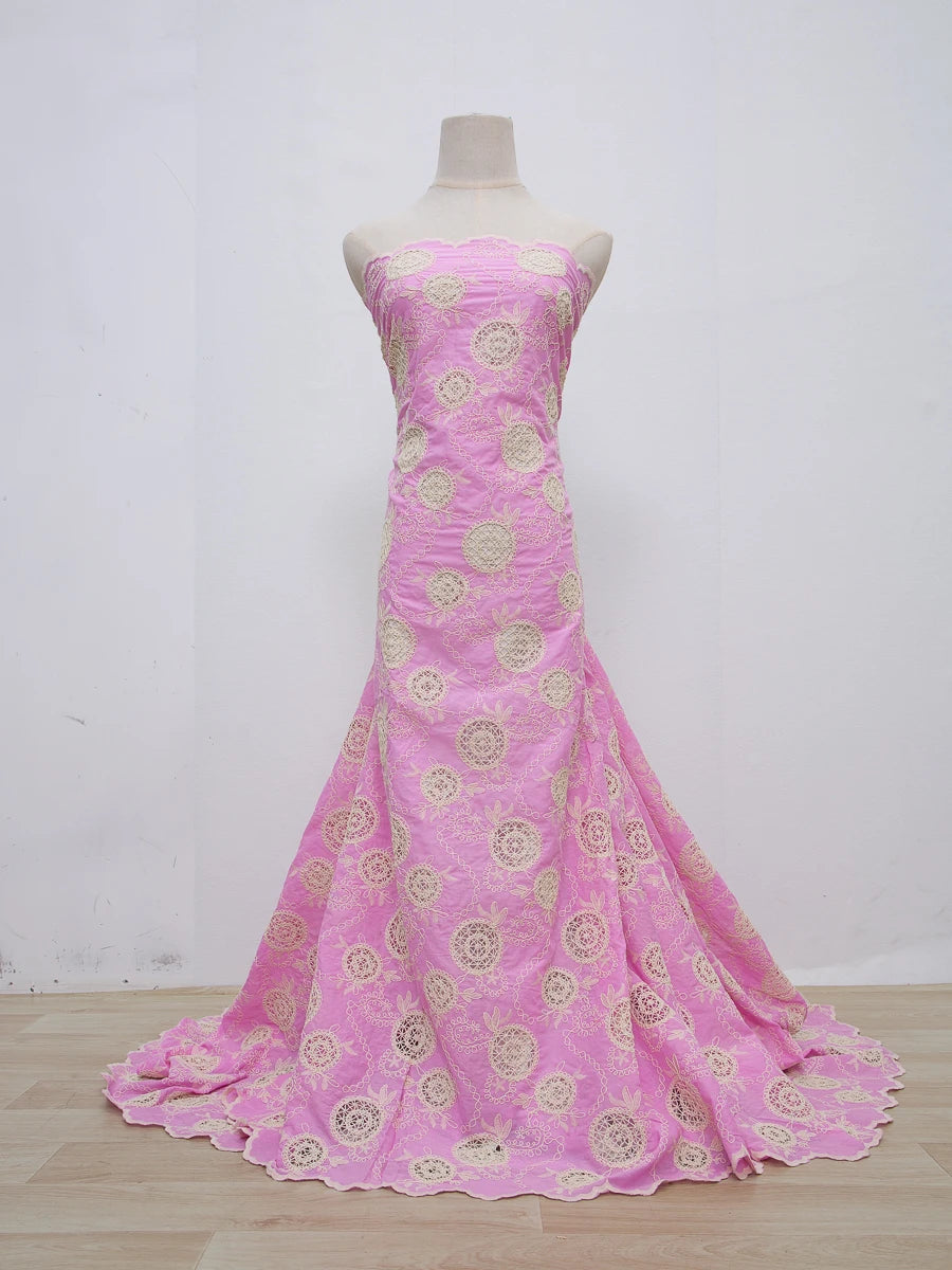 Blush Pink Swiss Voile Lace Fabric | Delicate White Rosette Bouquets & Filigree Tendrils | Petal-Hem Luxury Couture S4371