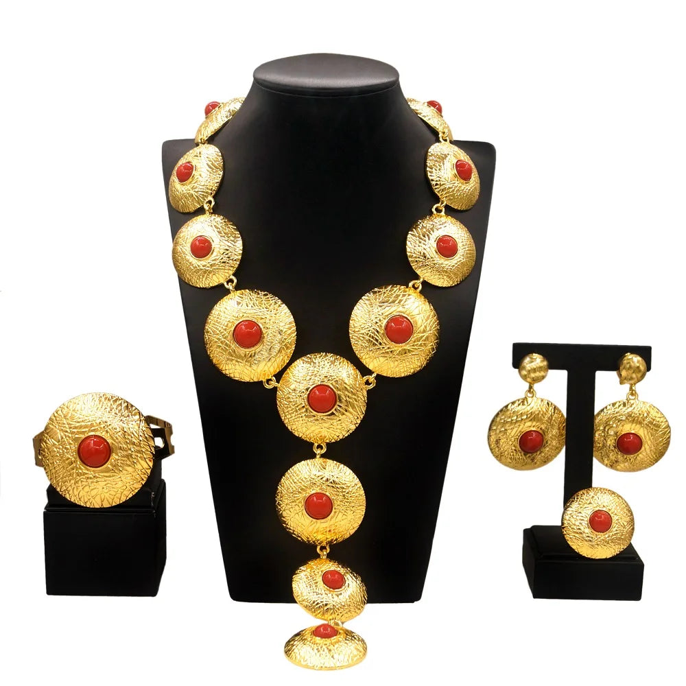 Jewelry Set For Women 24K Plating Necklace Big Round Pendant Luxury Earrings Bracelet Wedding Banquet Bijoux SYHOL