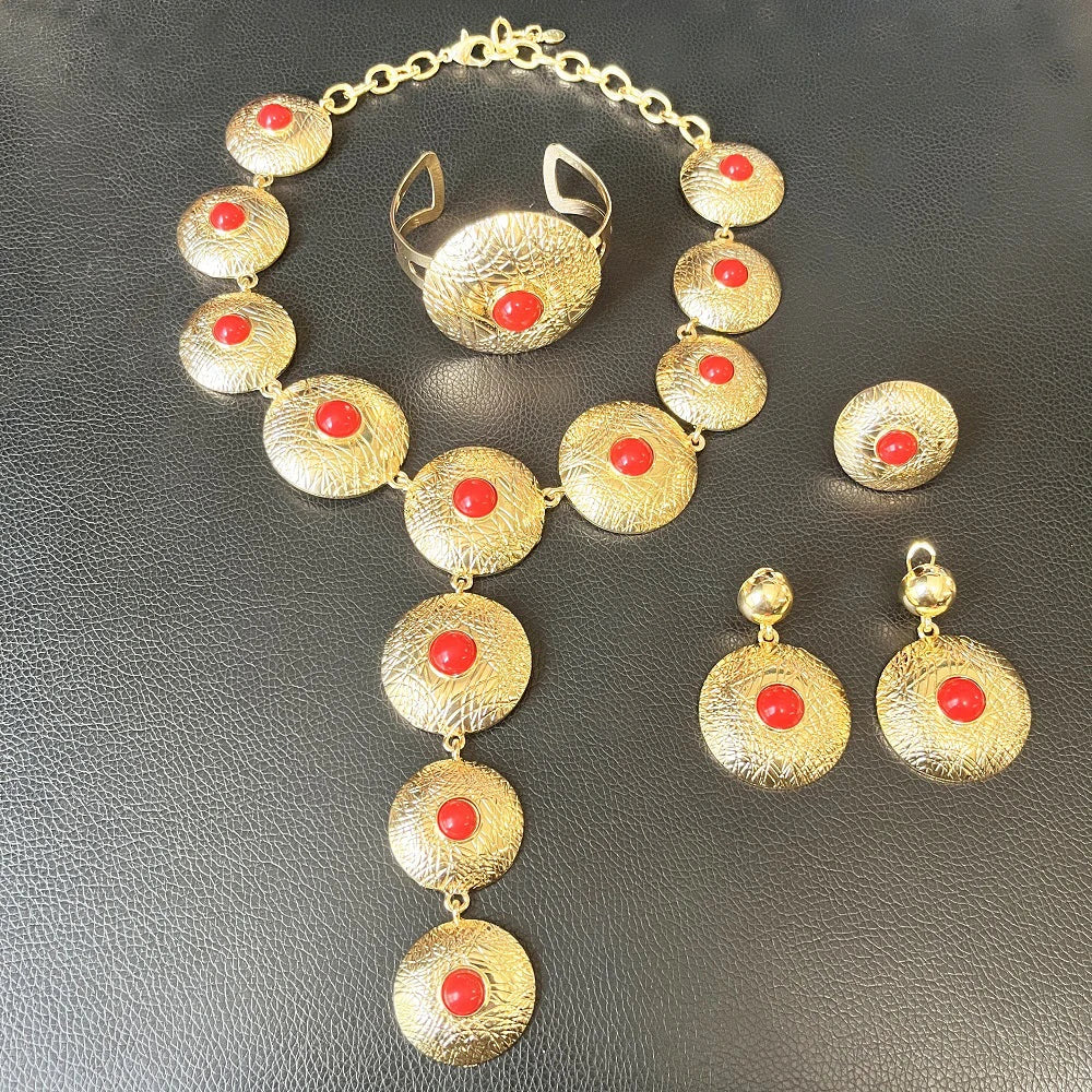 Jewelry Set For Women 24K Plating Necklace Big Round Pendant Luxury Earrings Bracelet Wedding Banquet Bijoux SYHOL