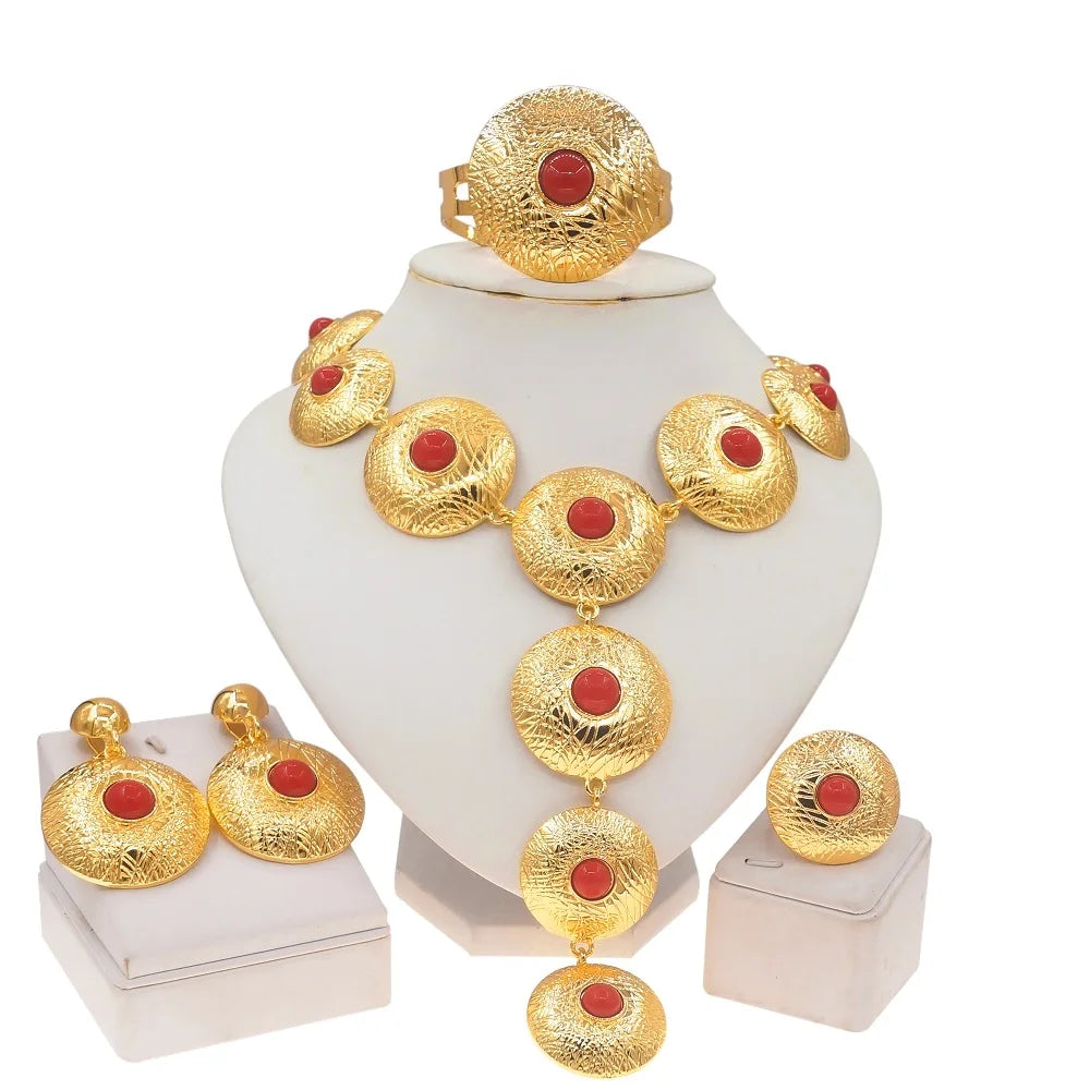 Jewelry Set For Women 24K Plating Necklace Big Round Pendant Luxury Earrings Bracelet Wedding Banquet Bijoux SYHOL