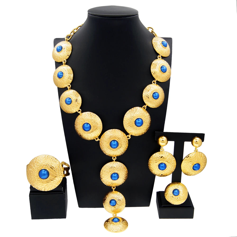 Jewelry Set For Women 24K Plating Necklace Big Round Pendant Luxury Earrings Bracelet Wedding Banquet Bijoux SYHOL