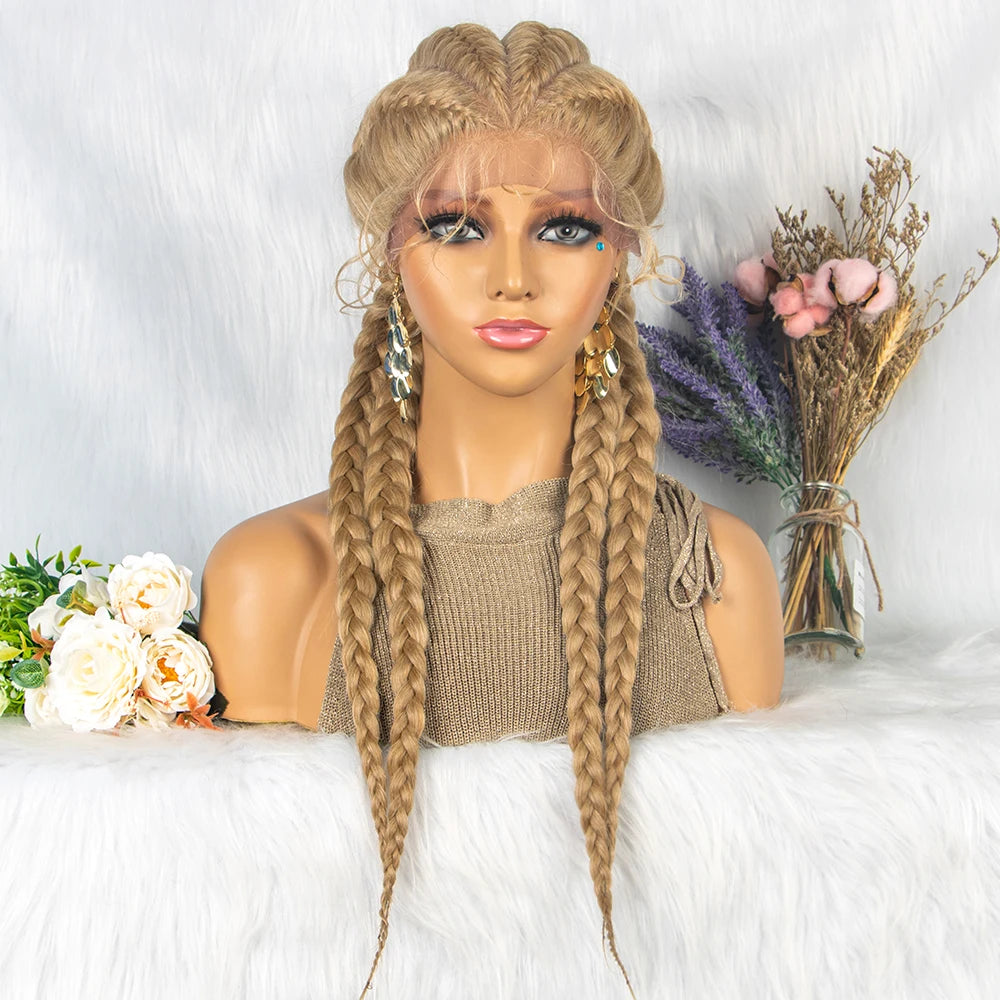 26 Inches Synthetic Lace Front Wigs Braided Wigs Lace Front Dutch Twins Cornrows Braids Wig With Baby Hair for Black Women