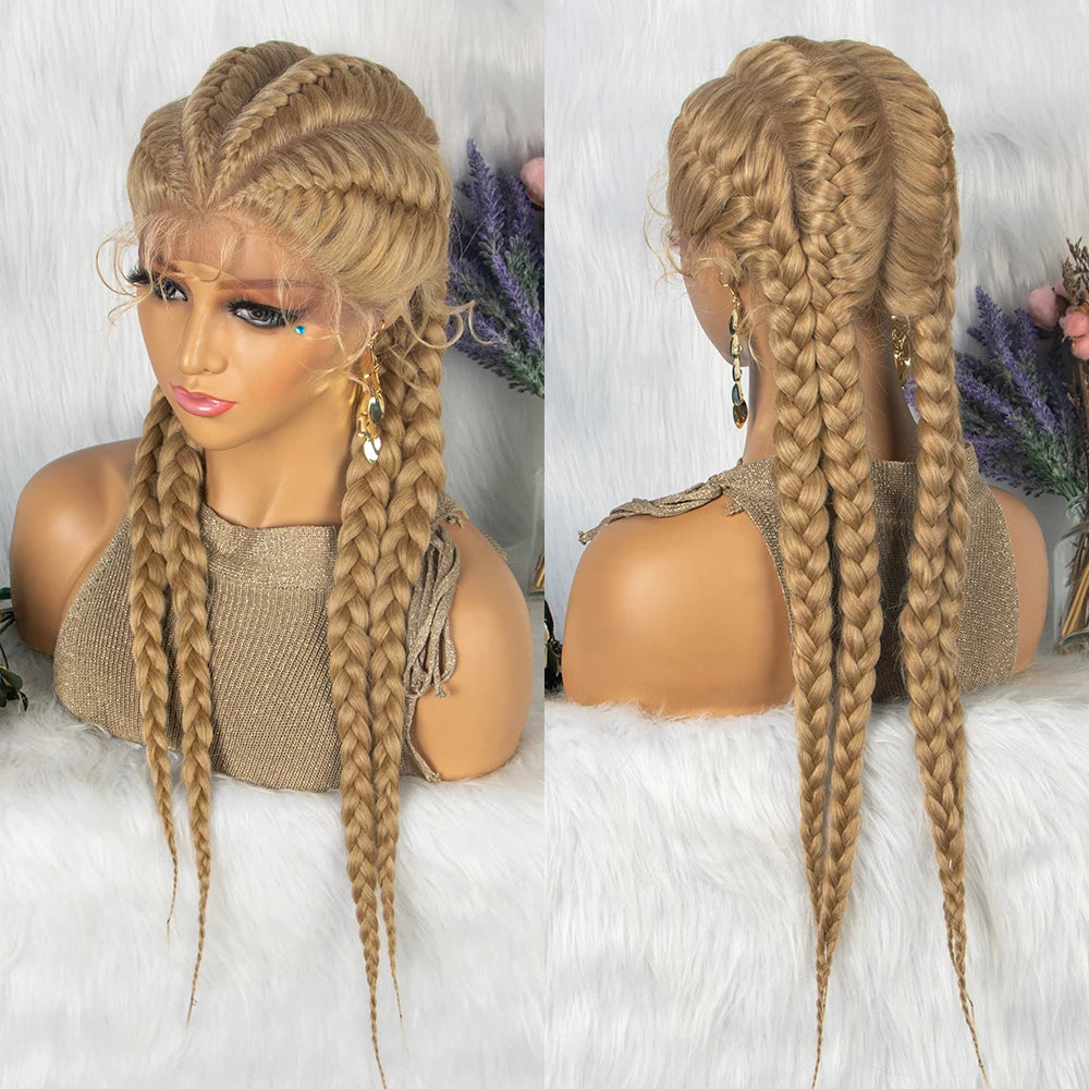 26 Inches Synthetic Lace Front Wigs Braided Wigs Lace Front Dutch Twins Cornrows Braids Wig With Baby Hair for Black Women