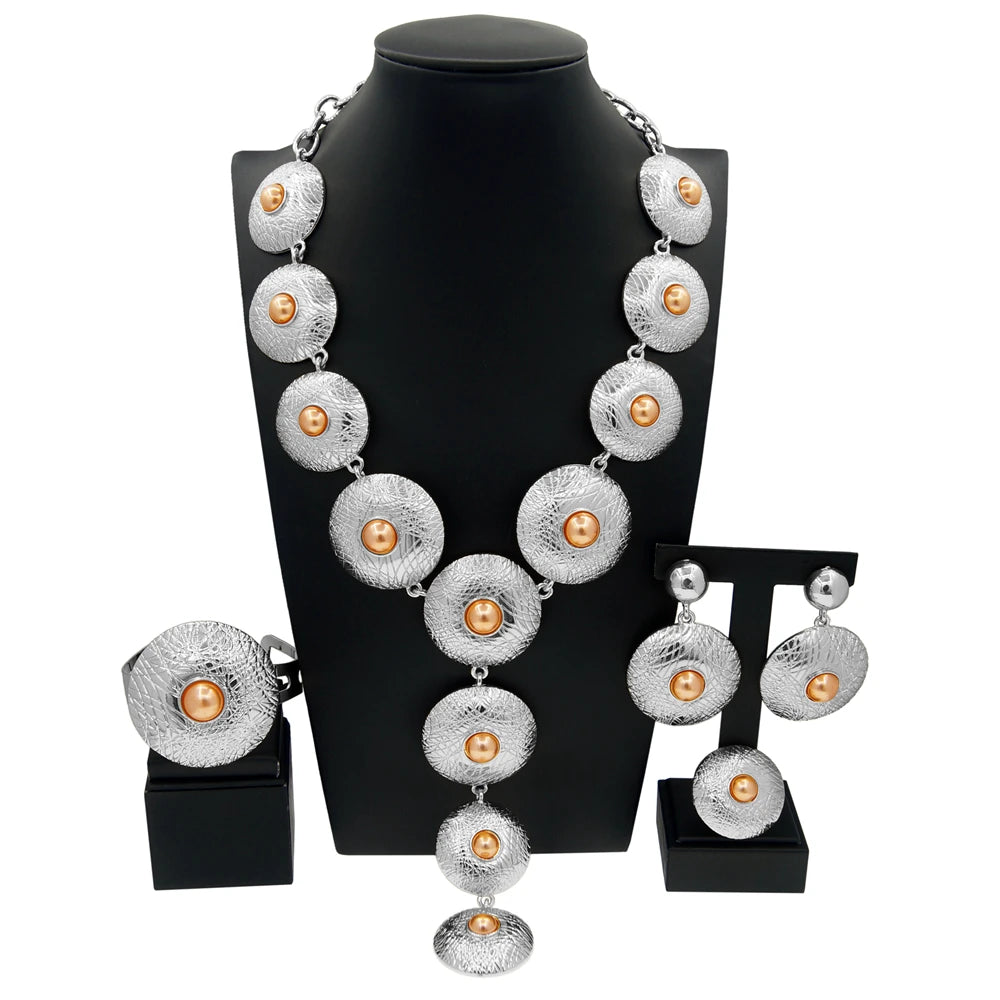 Jewelry Set For Women 24K Plating Necklace Big Round Pendant Luxury Earrings Bracelet Wedding Banquet Bijoux SYHOL