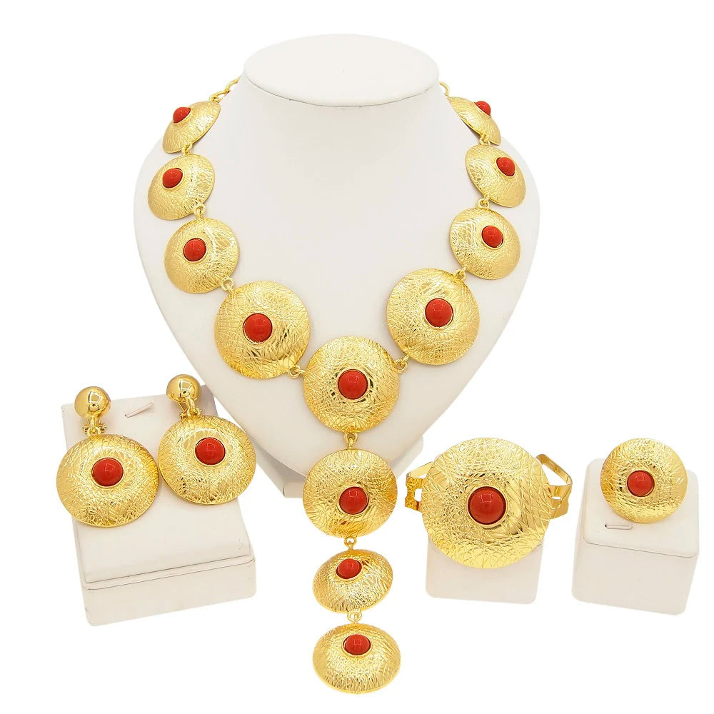 Jewelry Set For Women 24K Plating Necklace Big Round Pendant Luxury Earrings Bracelet Wedding Banquet Bijoux SYHOL