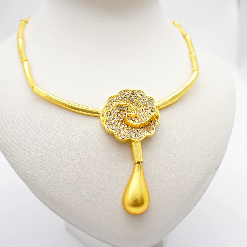 Necklace Sets For Women Dubai African Gold Color Jewelry Set Bride Earrings Rings Indian Nigerian Wedding Jewelery Set Gift