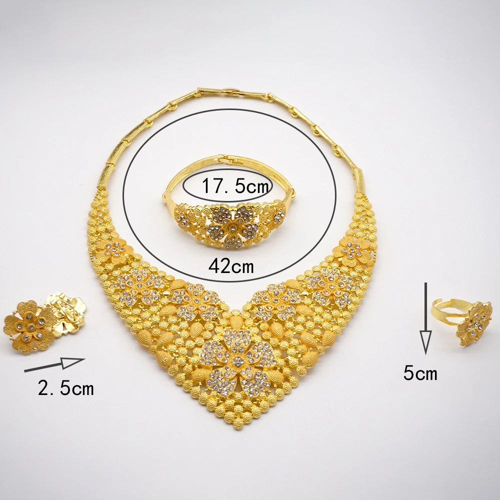 Necklace Sets For Women Dubai African Gold Color Jewelry Set Bride Earrings Rings Indian Nigerian Wedding Jewelery Set Gift