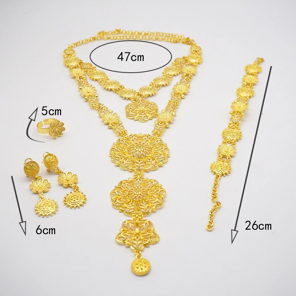 Necklace Sets For Women Dubai African Gold Color Jewelry Set Bride Earrings Rings Indian Nigerian Wedding Jewelery Set Gift