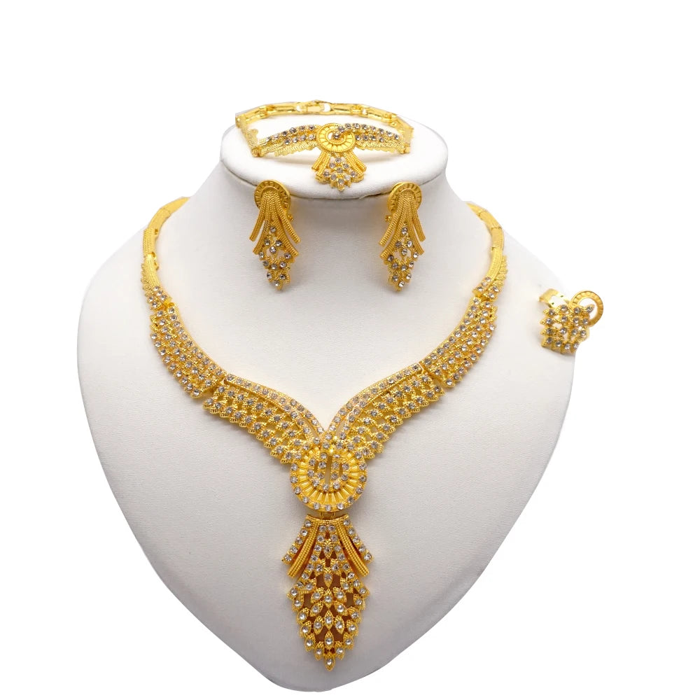 Necklace Sets For Women Dubai African Gold Color Jewelry Set Bride Earrings Rings Indian Nigerian Wedding Jewelery Set Gift