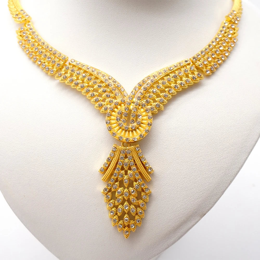 Necklace Sets For Women Dubai African Gold Color Jewelry Set Bride Earrings Rings Indian Nigerian Wedding Jewelery Set Gift