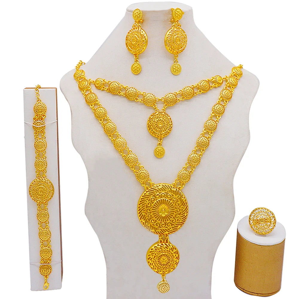 Necklace Sets For Women Dubai African Gold Color Jewelry Set Bride Earrings Rings Indian Nigerian Wedding Jewelery Set Gift