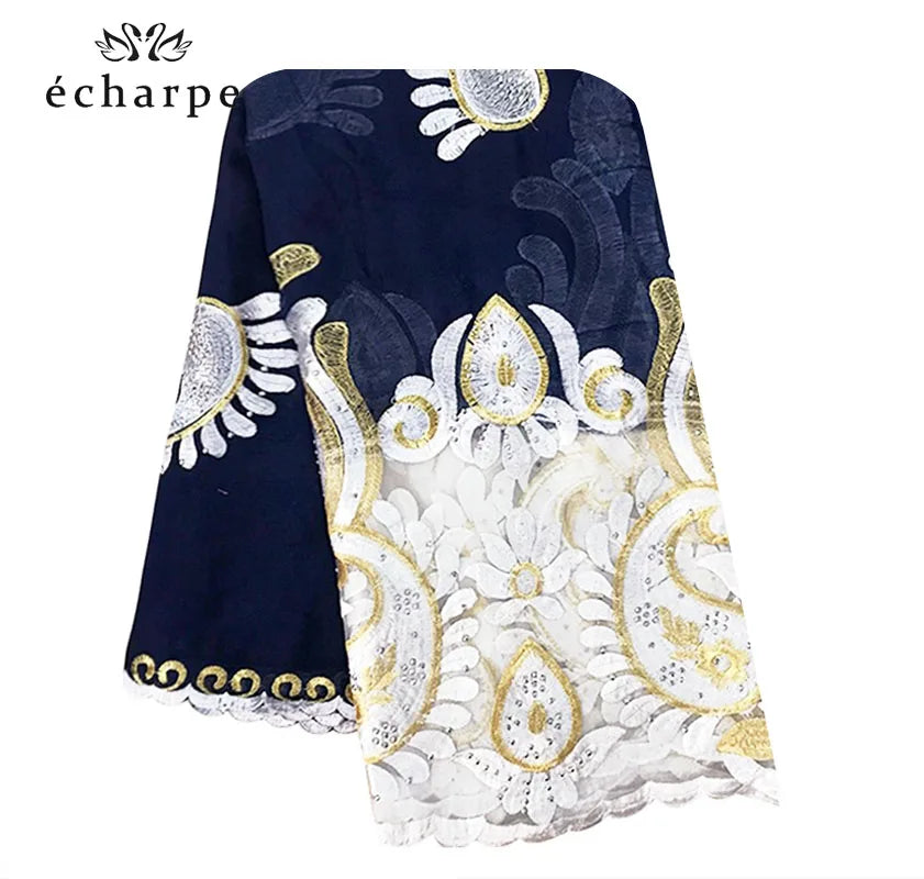2021 Latest African Women Scarf 100% Cotton Muslim Scarf Embroidery Splicing with Net Big Size Scarf for Shawls EC229