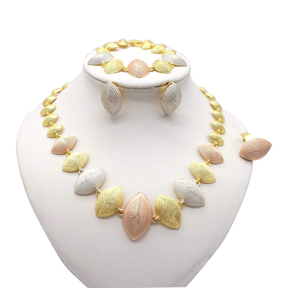 Necklace Sets For Women Dubai African Gold Color Jewelry Set Bride Earrings Rings Indian Nigerian Wedding Jewelery Set Gift