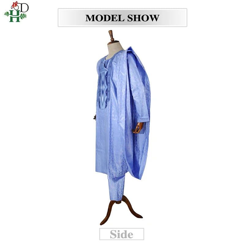 H&D South African Traditional Wear Formal Attire Bazin Riche Dashiki Outfits Shirt Pants Robe Suit No Cap African Men Agbada