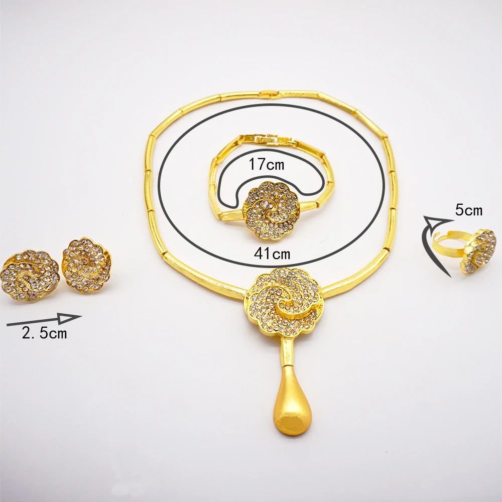 Necklace Sets For Women Dubai African Gold Color Jewelry Set Bride Earrings Rings Indian Nigerian Wedding Jewelery Set Gift