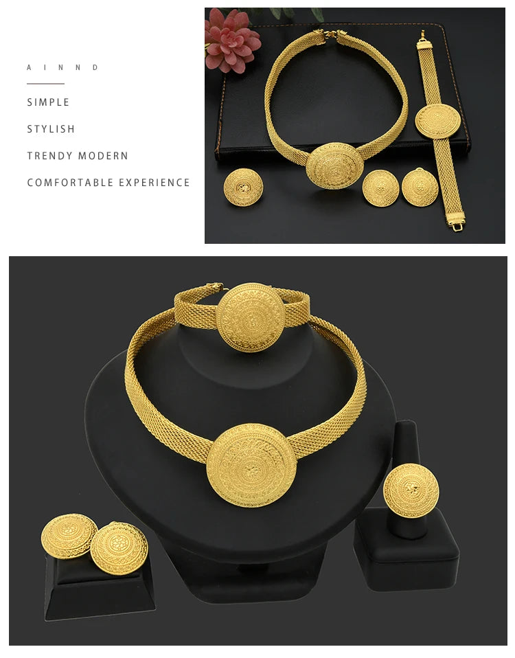 ANIID Womens Ethiopian Gold Color Jewelry Set Bridal Dubai Jewellery Wedding Brazilian Eritrean African Earring Necklaces Set