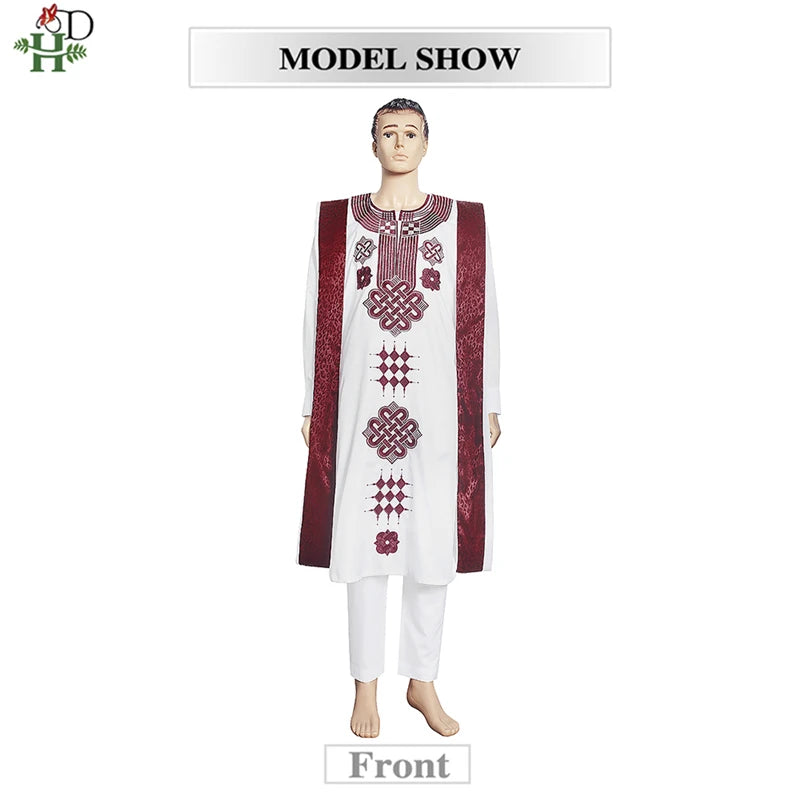 H&D Embroidered Dashiki Agbada Men African Traditional Clothes Ankara Outfit Cover Shirt Pants 3 PCS Suit Muslim Sets