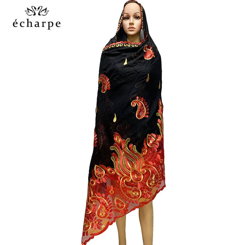 2021 Latest African Women Scarf 100% Cotton Muslim Scarf Embroidery Splicing with Net Big Size Scarf for Shawls EC229