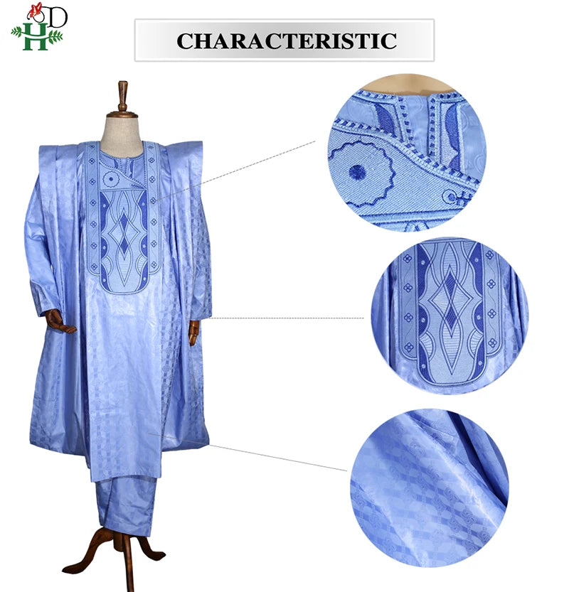 H&D South African Traditional Wear Formal Attire Bazin Riche Dashiki Outfits Shirt Pants Robe Suit No Cap African Men Agbada