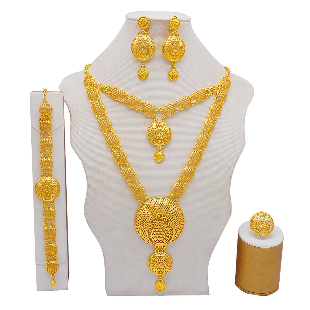 Necklace Sets For Women Dubai African Gold Color Jewelry Set Bride Earrings Rings Indian Nigerian Wedding Jewelery Set Gift