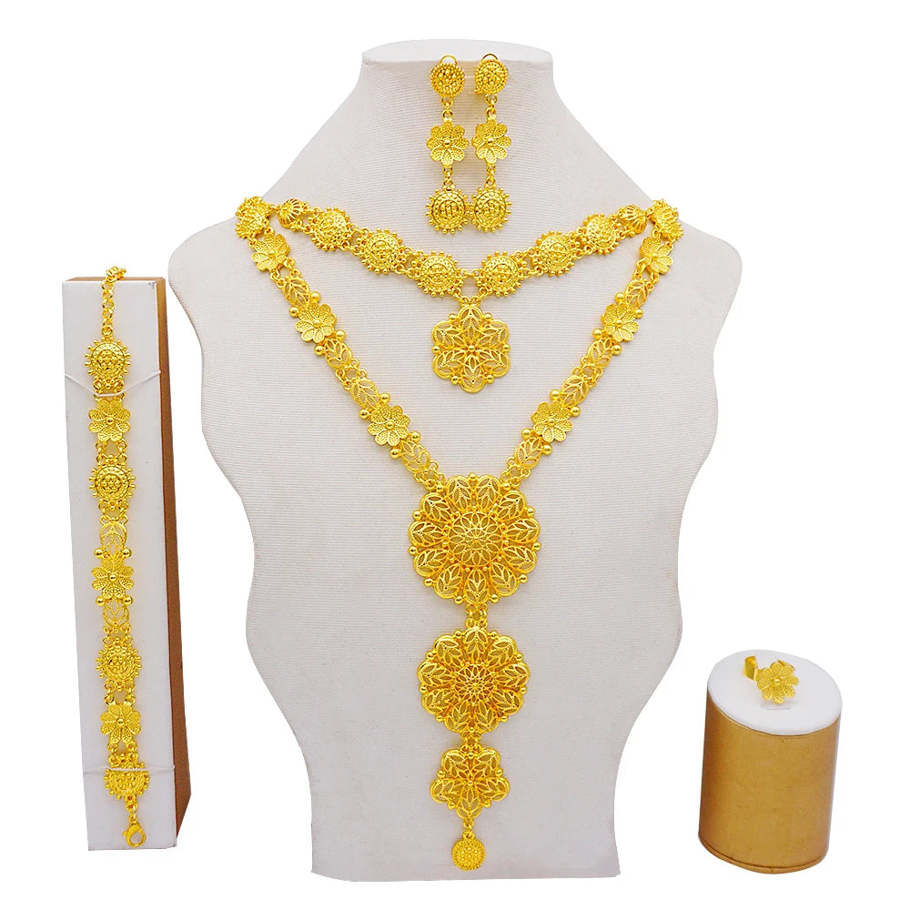 Necklace Sets For Women Dubai African Gold Color Jewelry Set Bride Earrings Rings Indian Nigerian Wedding Jewelery Set Gift