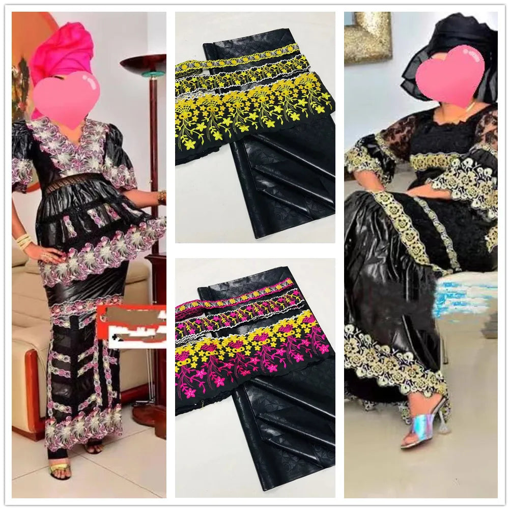 5 Yards/lot Perfume Bazin Riche Soft Brocade Fabric With 15 yards Lace Embroidered Trim Accessories Ribbon For Crafts Sewing